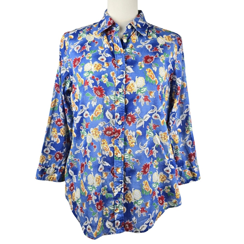 Lauren Ralph Lauren Floral Button Down Shirt Womens M Blue Cottagecore Preppy